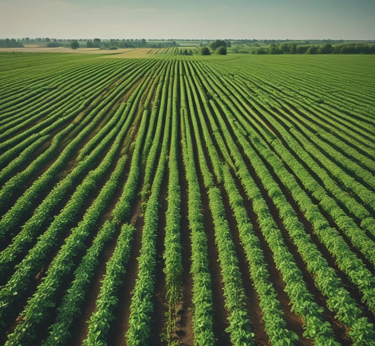 A large agricultural field with rows of green crops planted in neat lines, surrounded by trees in the distance. The landscape appears lush and well-maintained.