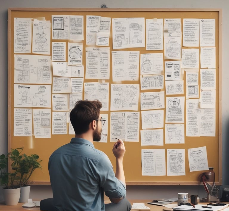A woman with long hair is writing on a whiteboard. She is using sticky notes and markers to organize and plan a strategy. The board has various handwritten notes and symbols related to marketing and digital education.