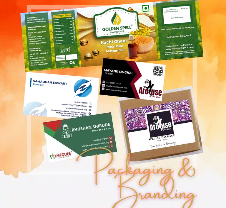 Product packaging and branding cards for various businesses, demonstrating packaging design.
