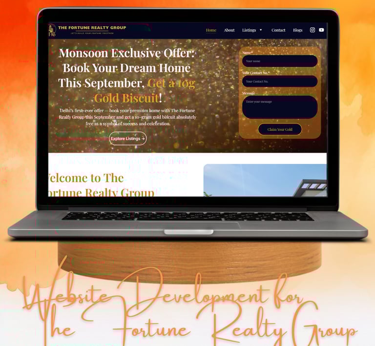 Laptop showing real estate website design for The Fortune Realty Group, highlighting web development