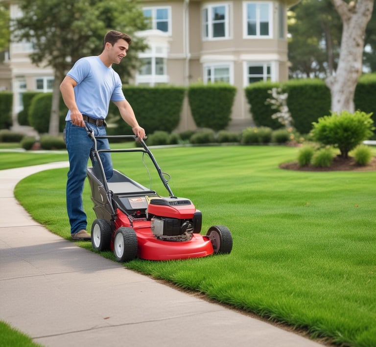 A freshly mowed lawn stretches into the distance, bordered by lush greenery on either side. A lawn mower is visible in the foreground, leaving a trail of cut grass. There are trees casting long shadows on the grass, and a paved pathway runs alongside. In the background, vehicles are parked near a road with overhead power lines.