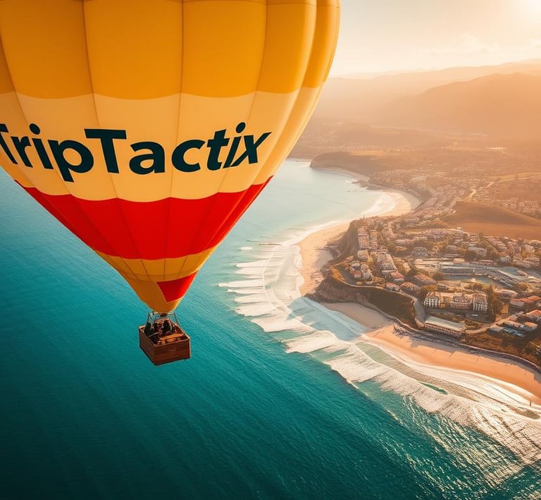 A TripTactix hot air balloon flying over a scenic coastline at sunset near a beach resort.