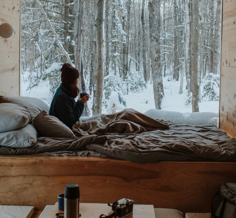 A woman sits in a cozy wooden cabin bed looking out at a snowy forest landscape.