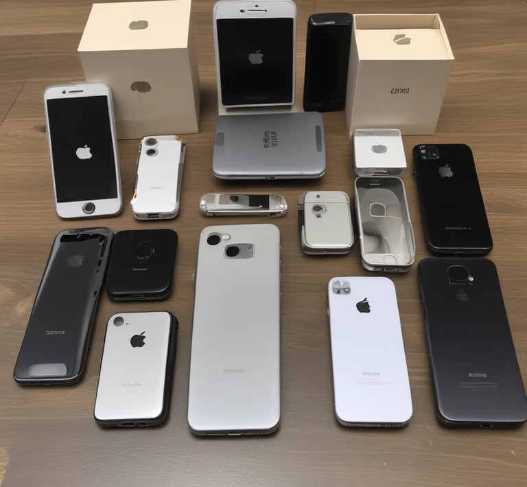 A group of people stand in front of a wall with various shelves displaying electronic devices and promotional images. The shelves are made of light wood, adding a modern and organized appearance. Some devices on display include smartphones and watches, with advertising screens showing relevant product images and information.