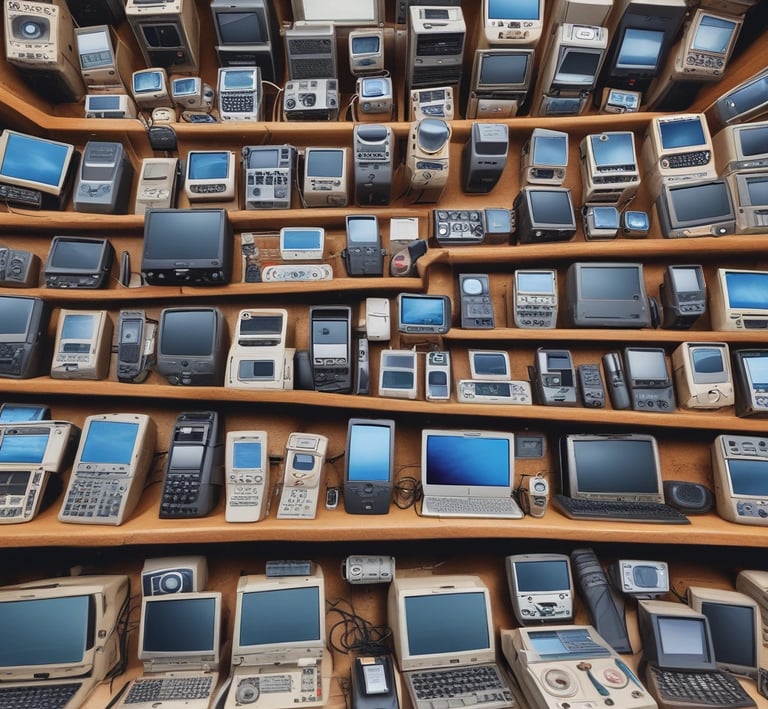 A vintage electronics store display behind a glass window, showcasing a collection of retro audio and video equipment. The shelves are filled with various devices, including old televisions, radios, amplifiers, and turntables. Reflection of the street and pedestrians create an overlay effect on the glass.