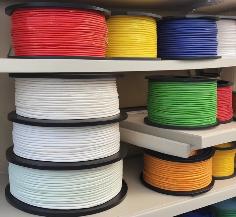 A person wearing a lab coat is inspecting a 3D printer in a modern, well-lit laboratory setting. The room has multiple 3D printers placed on shelves, with visible ventilation ducts and a clean, organized environment. The light from the overhead fixtures and windows highlights the mechanical equipment.