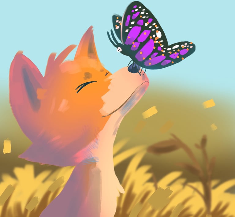 Illustration of a smiling orange fox with eyes closed, sniffing a bright purple and black butterfly,
