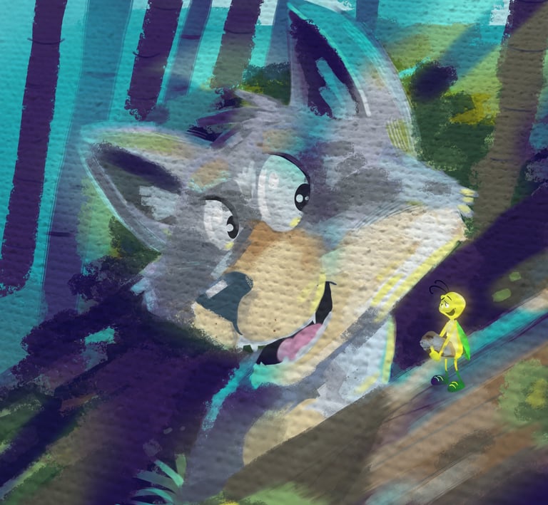 Playful painting of a cartoon wolf with wide eyes, standing in a colorful forest with blue and green