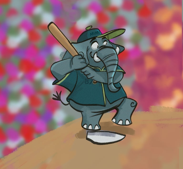 An elephant playing baseball with the number 87 on his uniform.