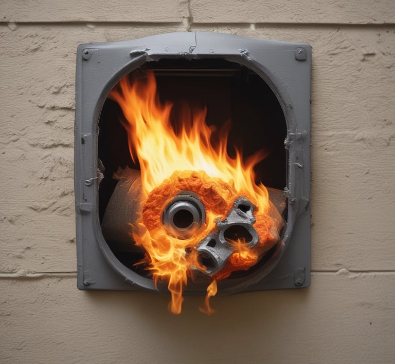 A close-up view of a fire extinguisher with a yellow inspection tag attached. The tag contains details about the service and inspection of the equipment. A pressure gauge is visible, indicating the operational status of the extinguisher. The background is a concrete wall with an electrical conduit running parallel to the extinguisher.