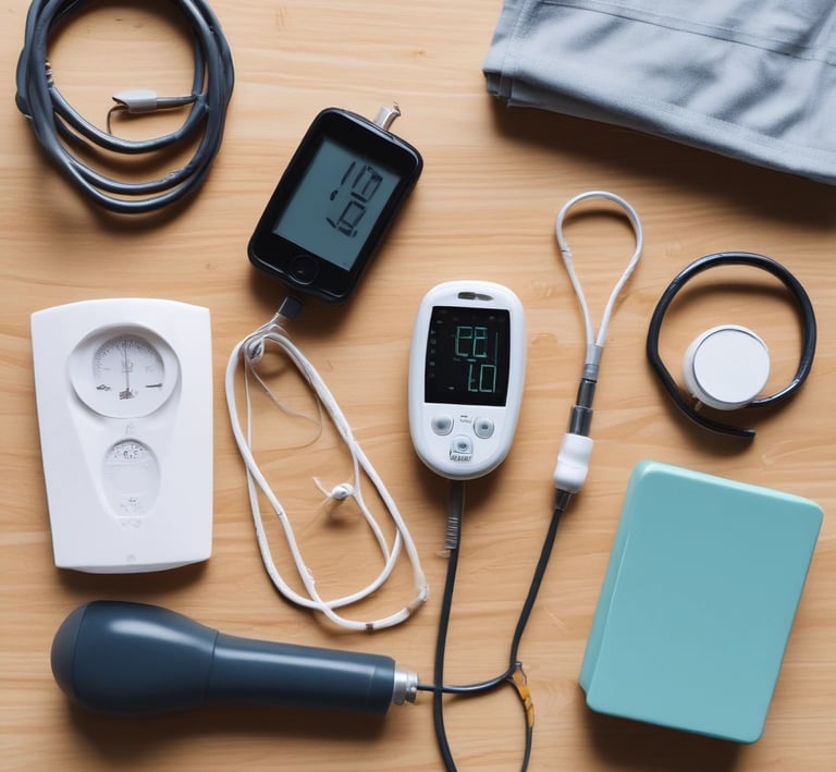 Medical professionals wearing surgical gowns and masks are engaged in a surgical procedure in an operating room. Various surgical instruments are neatly arranged on a blue surgical drape. Overhead surgical lights illuminate the scene, and medical equipment is visible in the background.