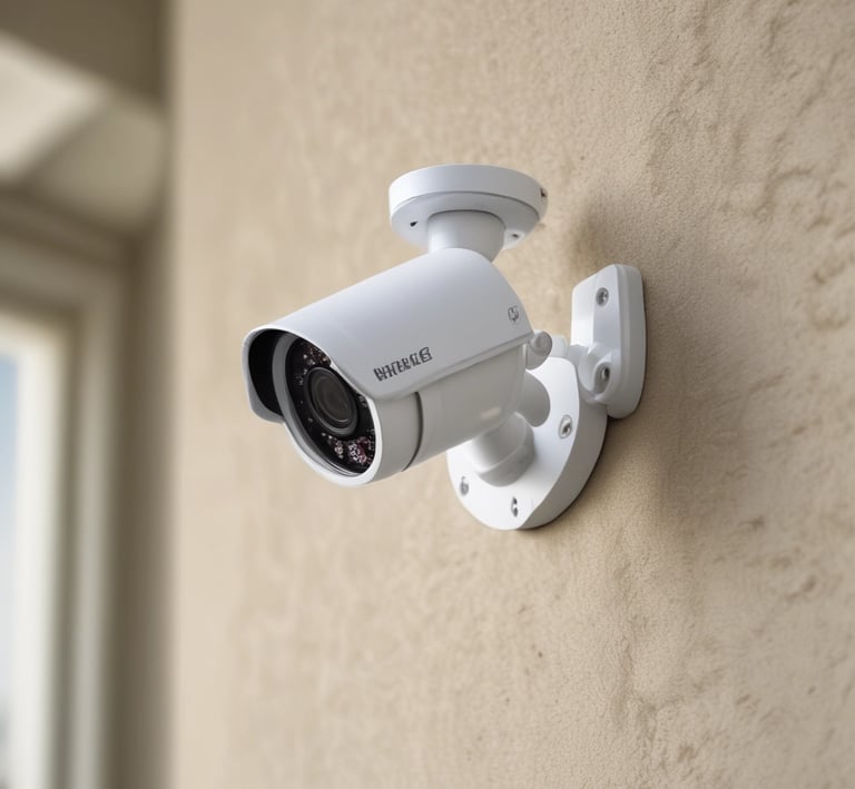 A close-up of a security camera mounted on a wall.