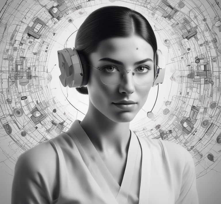 A pair of sleek, modern augmented reality glasses with large round lenses and multiple small cameras on the frame, placed on a wooden table. The design is minimalistic and high-tech, with a focus on functionality and innovation.