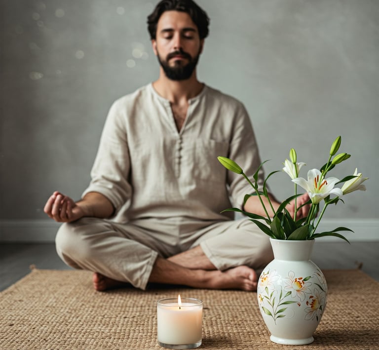 Hombre meditando con vela 