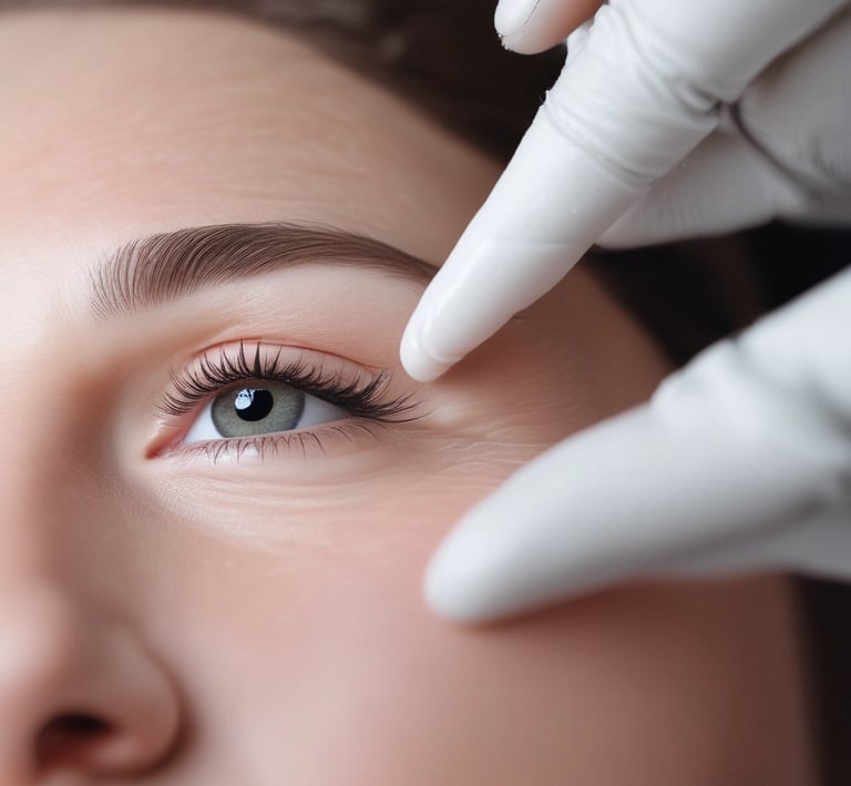 A close-up of a person with carefully styled dark hair and dramatic makeup, including dark eyeliner and glossy lips. A pink tube of lip gloss with the brand name 'Loyal Beauty' is held near the lips.