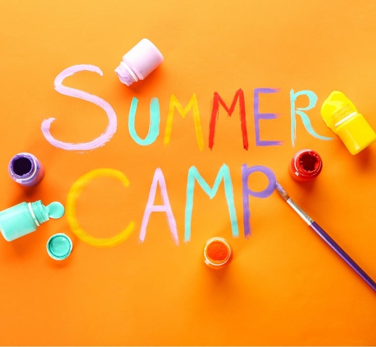 a colorful summer camp sign with a paintbrush and a paintbrush
