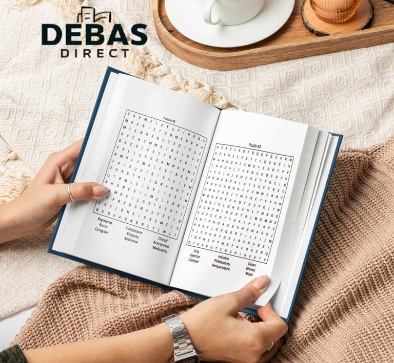 Relaxing scene with Debas Direct puzzle books and coffee cup on beige background.