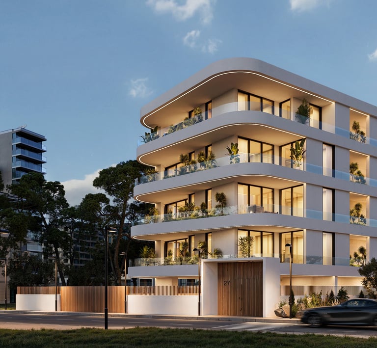 Front view of Lev Limassol luxury residential building in Cyprus at sunset