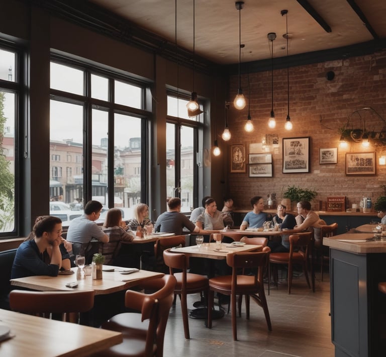 A colorful storefront featuring a wooden porch with a teal railing, furniture like chairs and a small table, and hanging plants in red pots. Above the porch, vibrant signs advertise various services and merchandise under the brand 'Social'. The signs are in a mix of English and another language, offering amenities like a boardroom with a bar, free WiFi, video conferencing, and merchandise such as beer glasses and pickle jars.