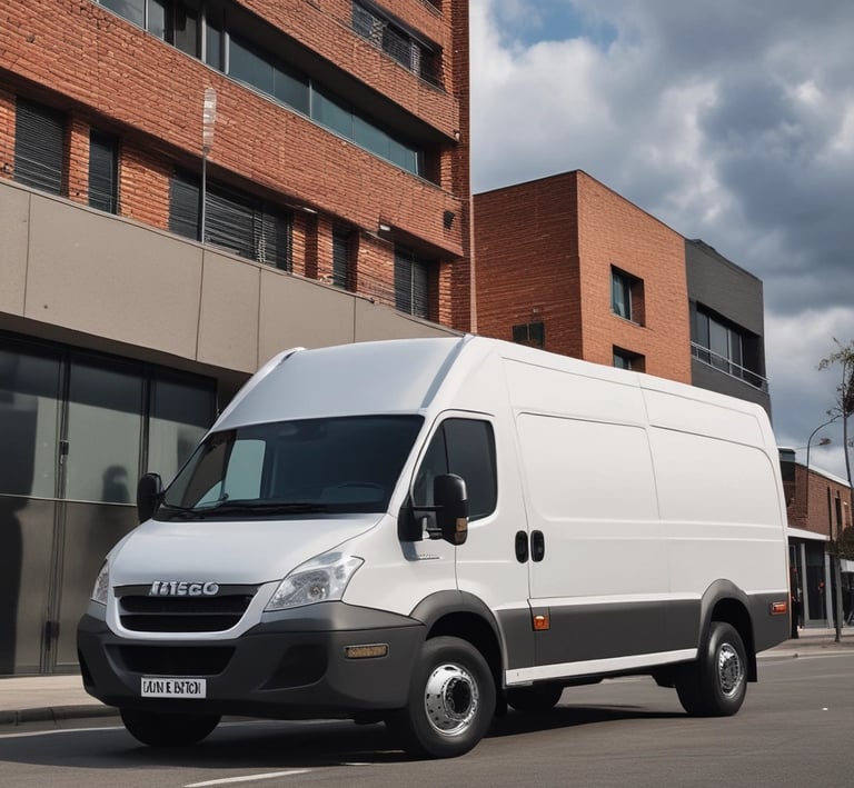 A red and white public transport minibus is parked in a lot on a sunny day. The vehicle has large windows with curtains and the text 'Public Transport Vehicle' is visible on the side. The parking area has yellow lines, and there's a background of trees and buildings under a clear blue sky.