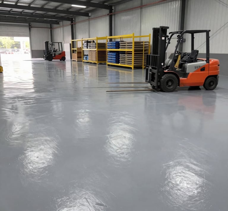 Wide shot of a commercial garage floor coated with durable, high-gloss epoxy in Sydney.