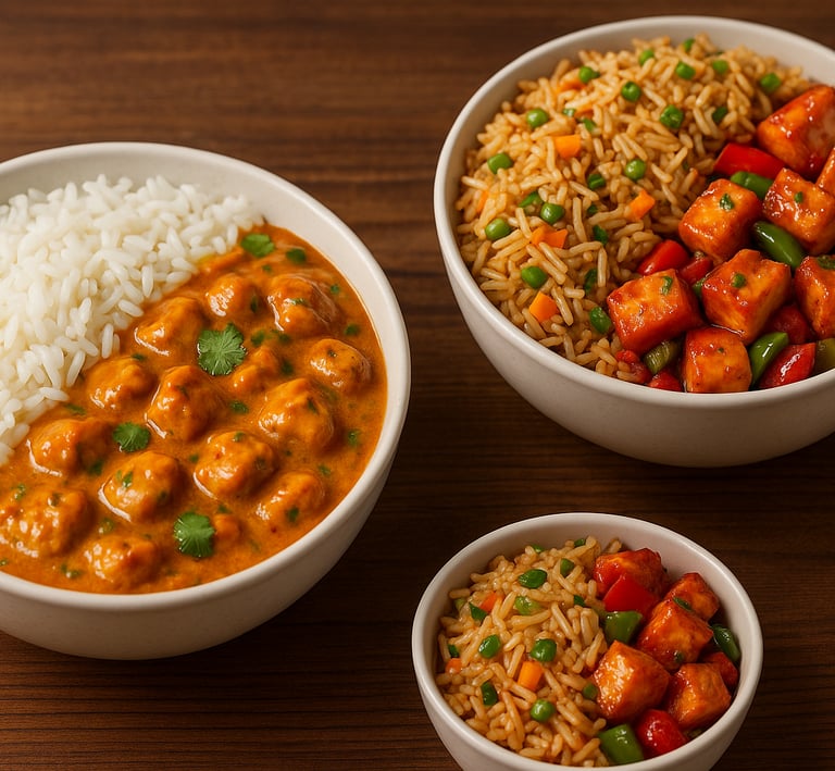 Veg fried rice & Chilli paneer bowl; butter chichen & Jeera rice bowl