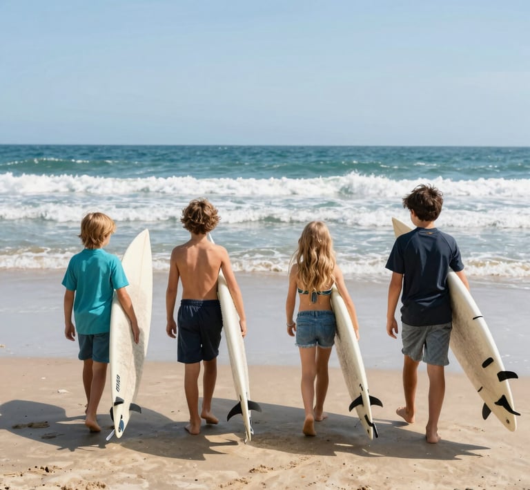 Four children holding white surfboards walk toward ocean waves on a sunny beach day.