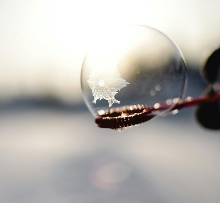 a person holding a soap bubble in front of a sun with a snowflake crystal forming