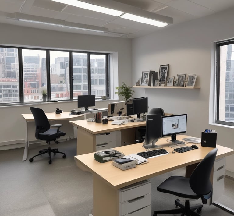 A tidy office space with organized desks and spotless floors, reflecting a professional and hygienic environment.