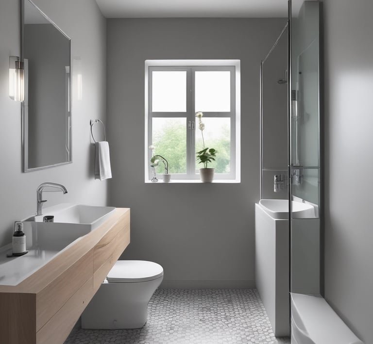 A bathroom with gleaming tiles and mirrors, freshly scrubbed and free of any stains or water spots.