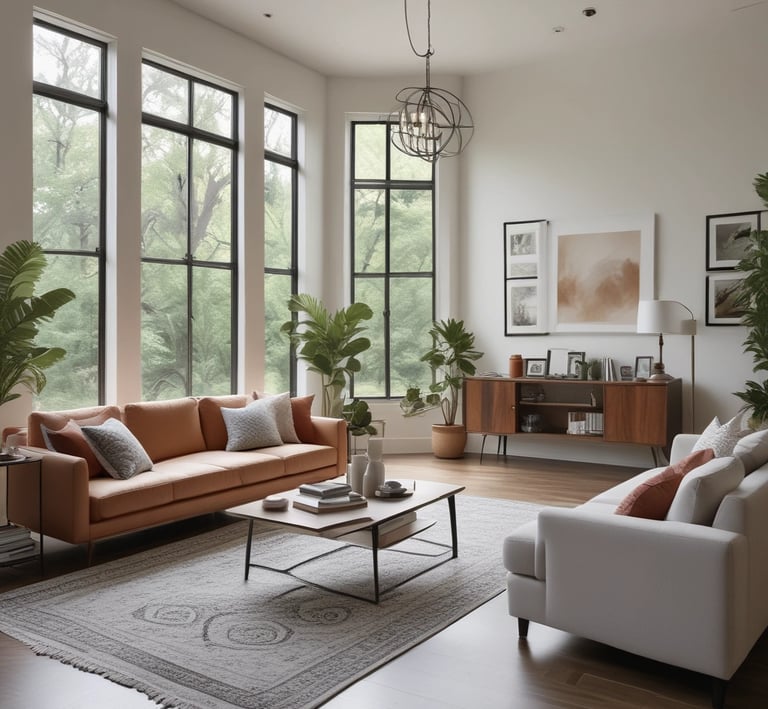 A sparkling clean living room with sunlight streaming through large windows, showcasing freshly vacuumed carpets and dust-free surfaces.