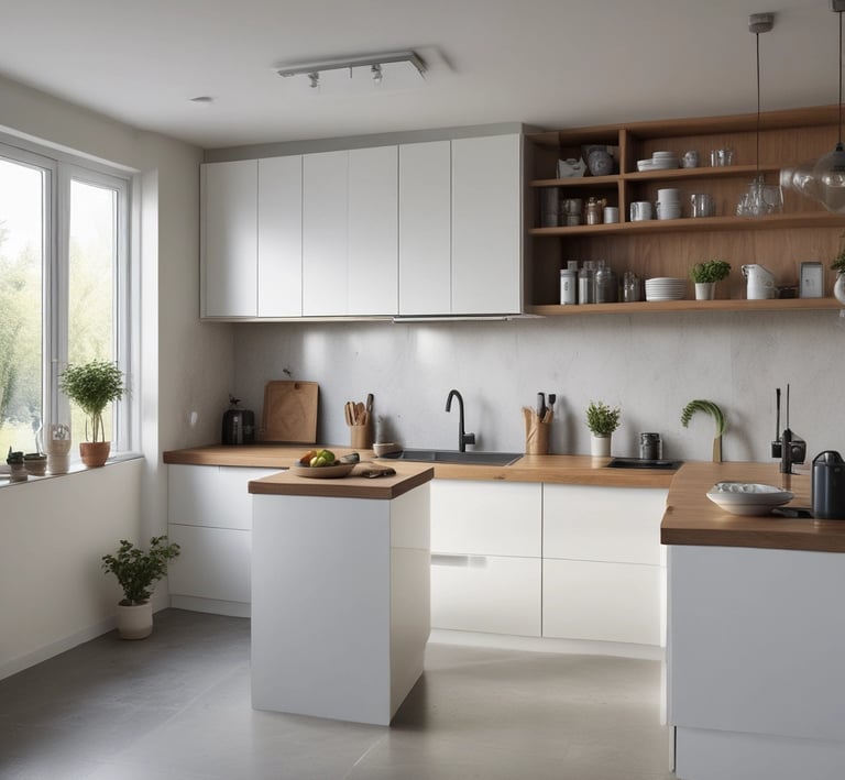 A pristine kitchen countertop gleaming with no clutter, highlighting a freshly cleaned sink and polished appliances.