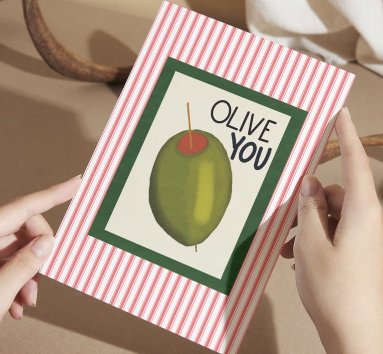 Olive You Greeting Card with red stripes