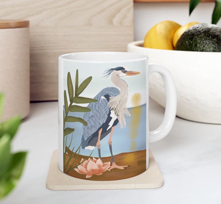 a mug cup with a heron bird on it