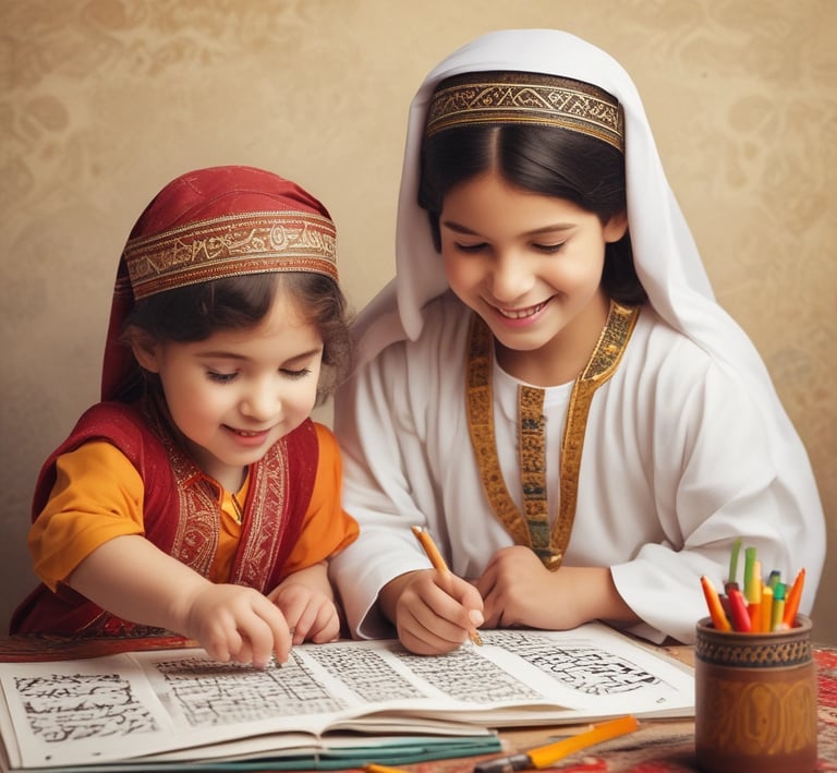 A community event with families enjoying cultural exchange, featuring traditional Arabic music and food.