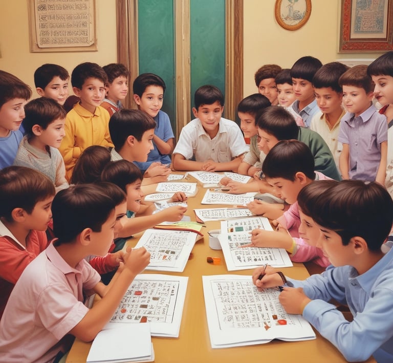 A lively classroom scene with children engaging in Arabic language activities, surrounded by green and orange decorations.