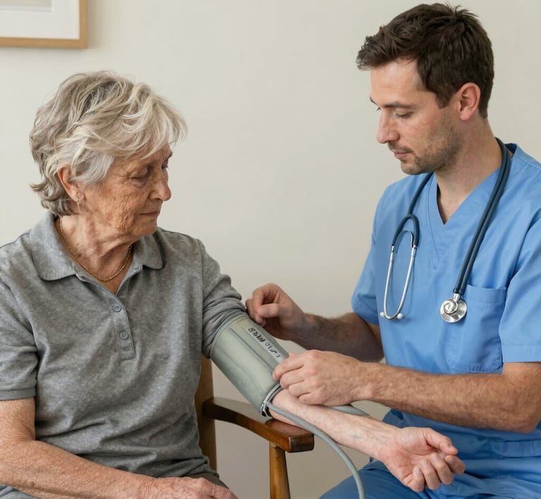 A smiling nurse attending to medication for an older adult at a kitchen table.