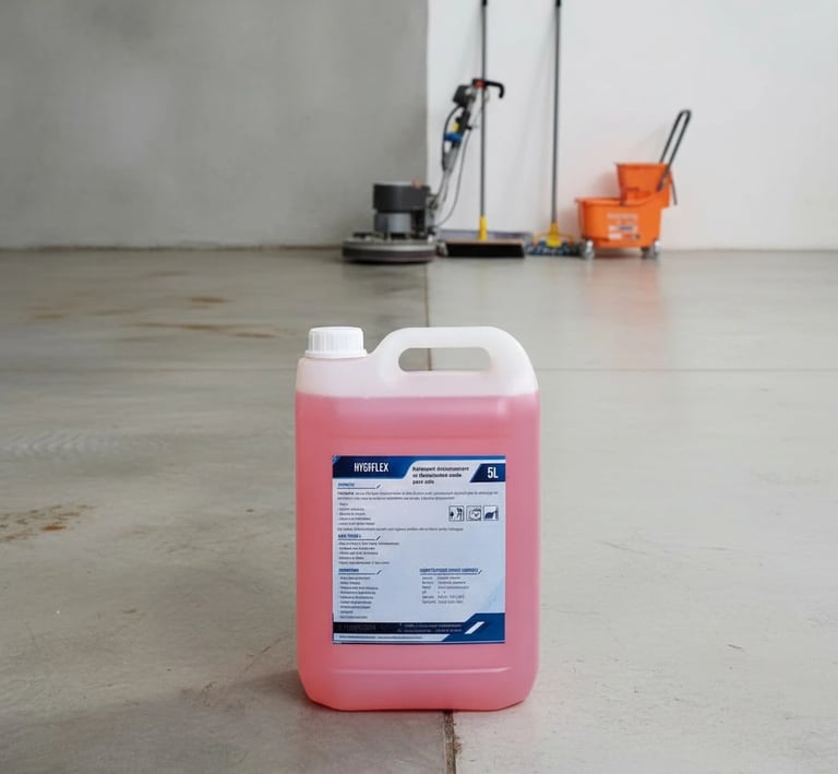 Bidon HYGIFLEX 5L, détergent désincrustant et désinfectant acide pour sols, présenté dans des sanitaires professionnels .
