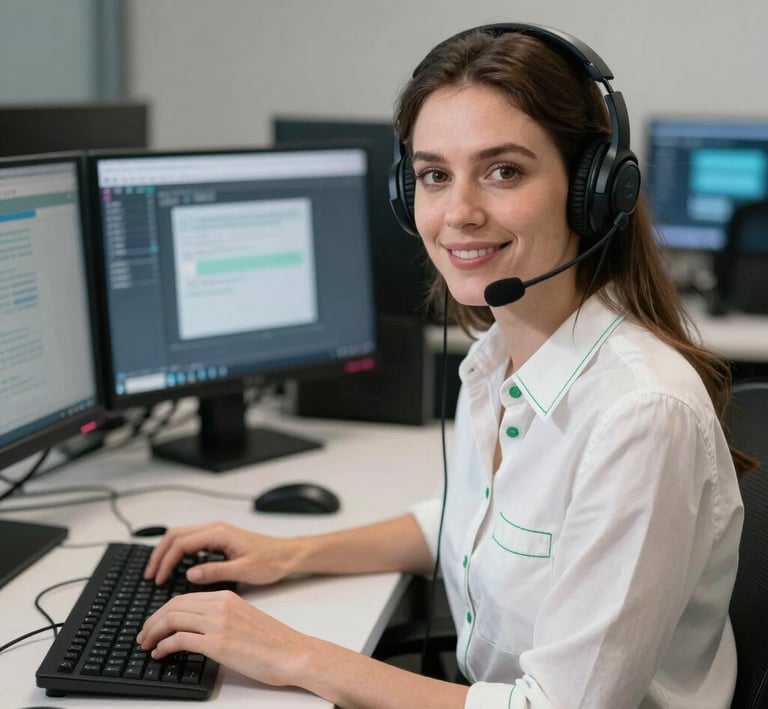 an AI agent receptionist woman with a headset and a laptop