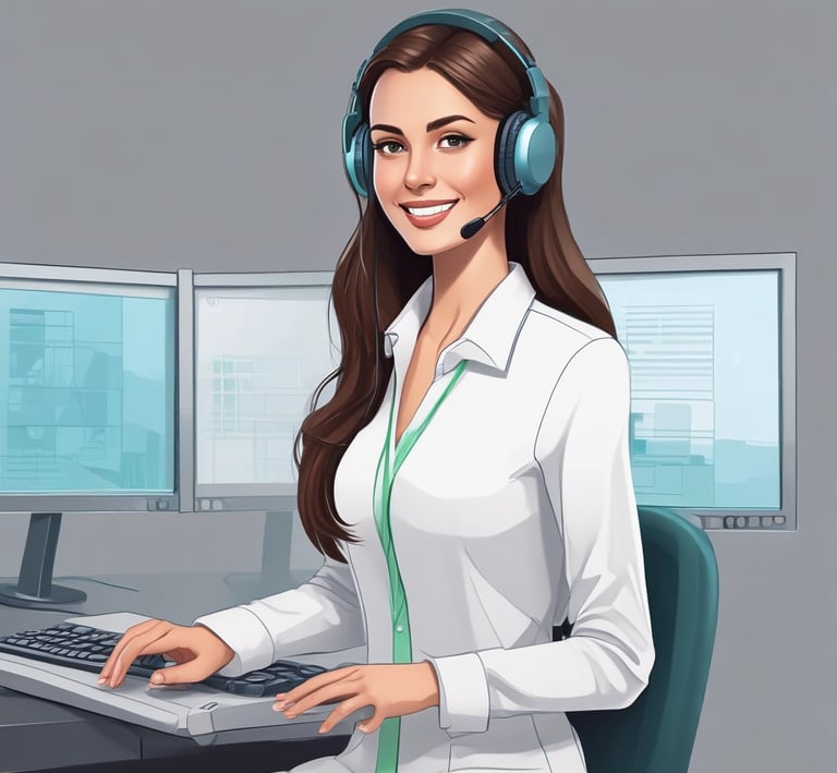 an AI agent receptionist woman with a headset and a laptop
