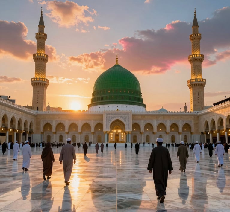 The illuminated Masjid an-Nabawi with its iconic green dome glowing against a twilight sky.