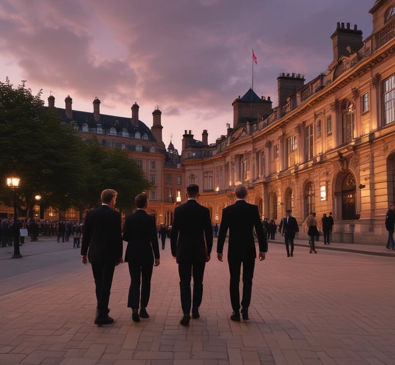 A personal security team arriving at a prestigious London venue at dusk, their professional attire and calm demeanor reflecting utmost discretion.