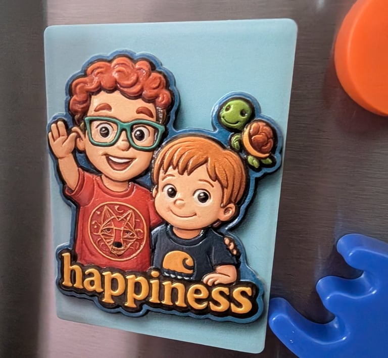 Two boys on a magnet in relief print