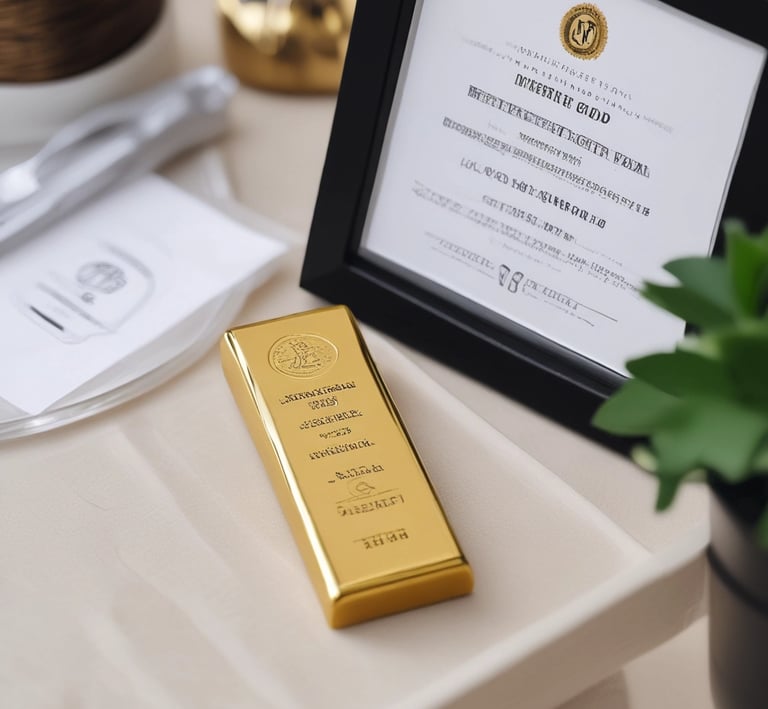 Close-up of a shiny gold bar with a certificate beside it on a sleek black surface.
