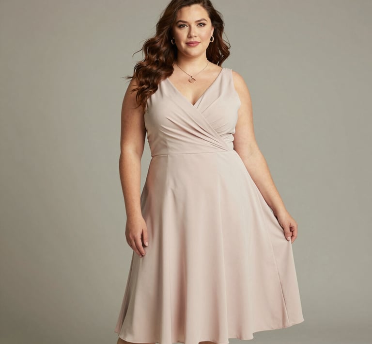Chic plus-size model wearing a nude-toned outfit with golden accessories, smiling confidently in a minimalist room.