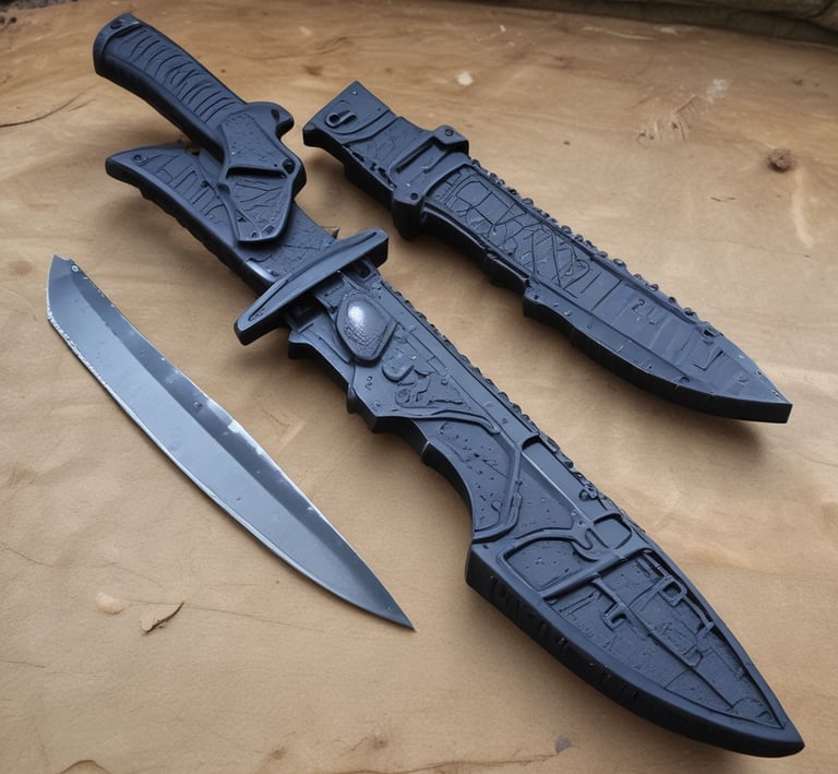 Custom printed gun holsters made with flexible TPU material displayed on a rack.