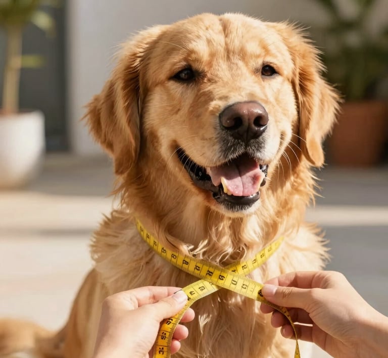 Un golden retriever al que le están tomando las medidas para un arnés con una cinta métrica.