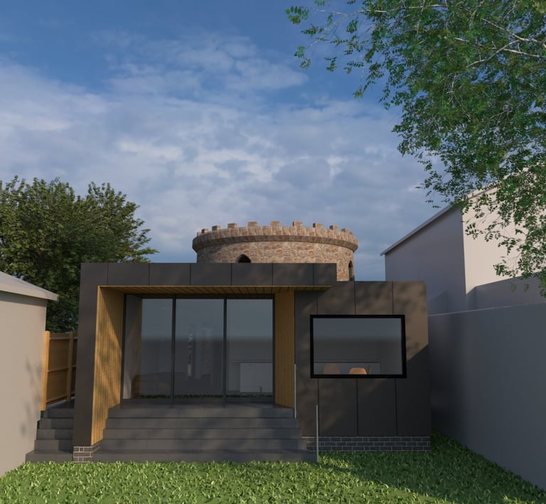 Modern home extension with large glass doors aginst listed stone tower in the background.