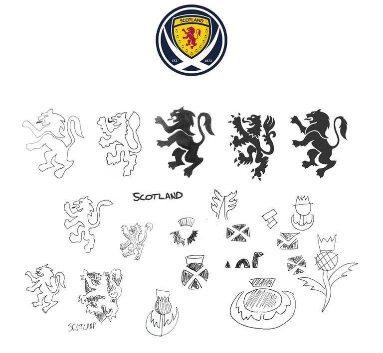Collection of Scotland football crest sketches featuring the lion rampant and thistle symbols.