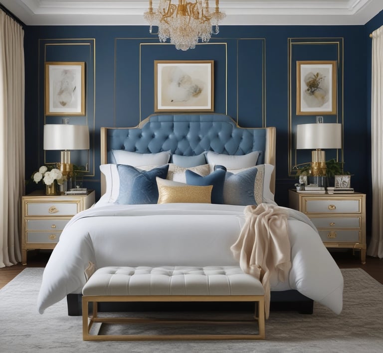 A chic glam living room with plush blue velvet sofas, gold accents, and elegant lighting that radiate luxury.